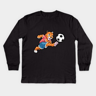 Funny tiger is playing soccer Kids Long Sleeve T-Shirt